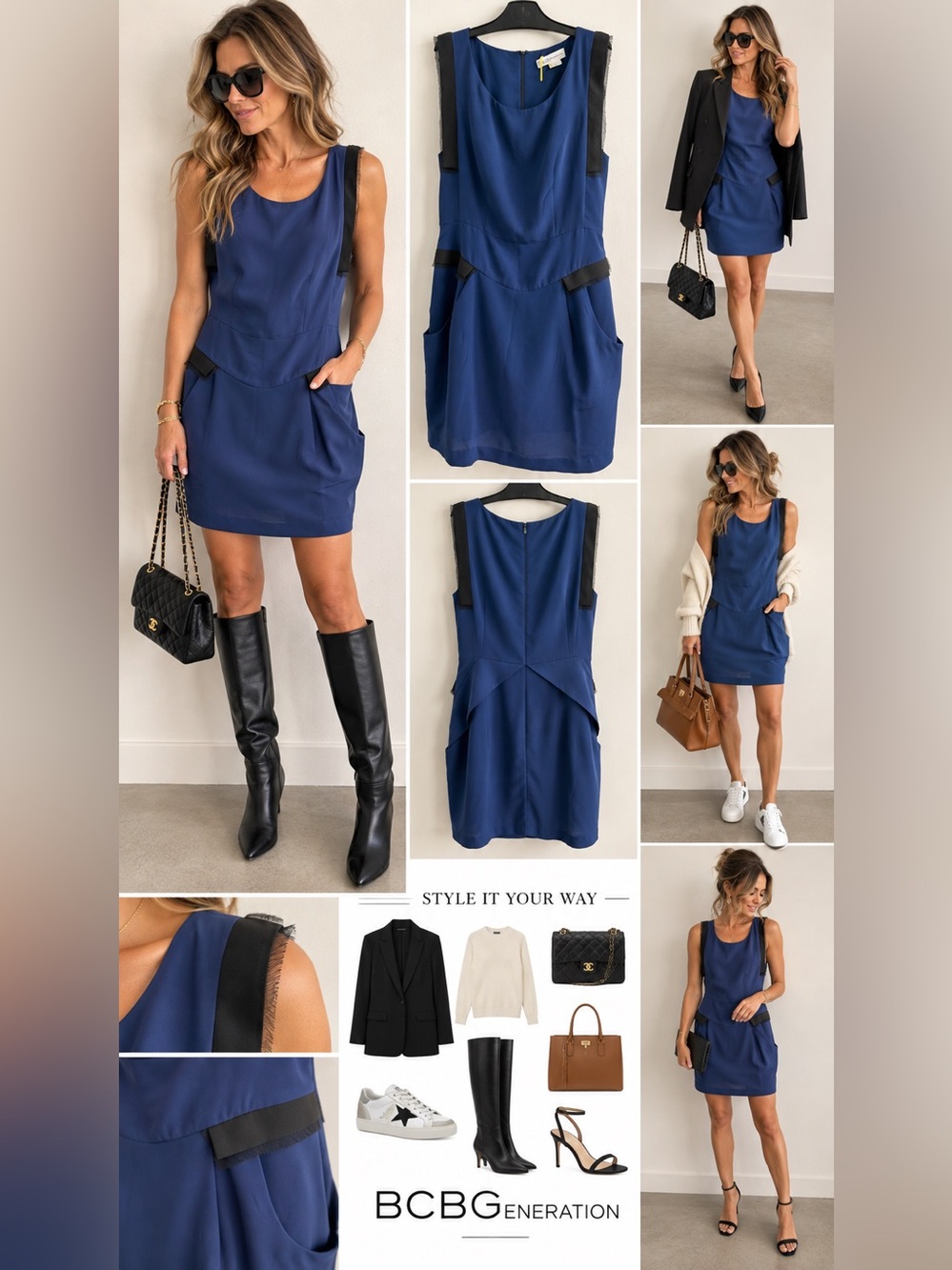 BCBGeneration Drape Pocket Dress Deep Blue Black Trim Size 6 NWT